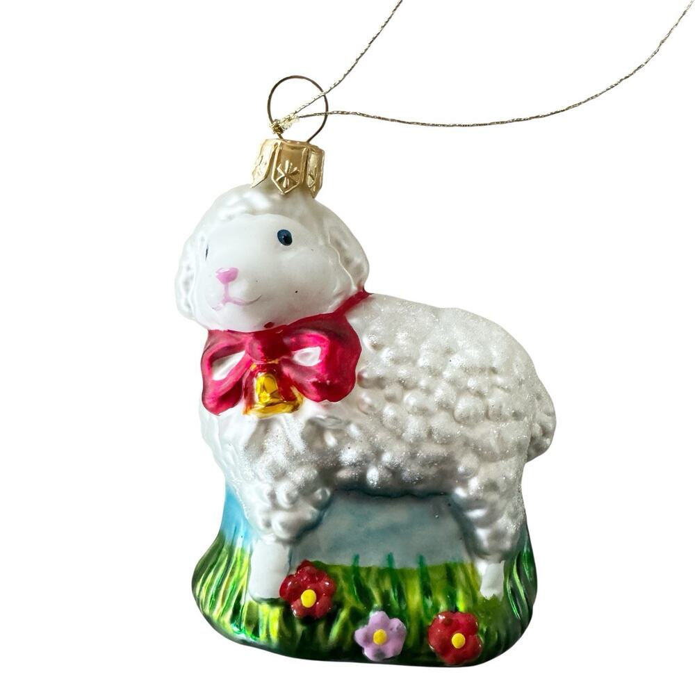 Lamb Sheep Standing In Grass Flowers Glass Ornament 3”